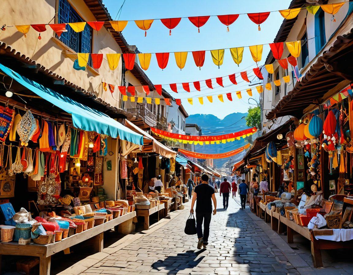 A vibrant street lined with colorful souvenir shops, showcasing unique handicrafts and local art. Tourists are seen exploring, with joyful expressions as they discover authentic treasures. In the background, a picturesque landscape adds charm, while colorful banners and handmade crafts adorn the shop fronts. The scene should evoke a sense of adventure and cultural richness. super-realistic. vibrant colors. warm lighting.