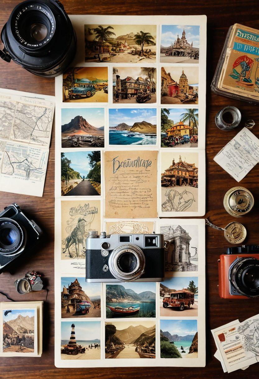 A vibrant collage of unique travel souvenirs from around the world, featuring colorful handcrafted trinkets, exotic postcards, and traditional keepsakes displayed on a rustic wooden table. Include an open travel journal with sketches and notes, alongside a vintage camera capturing the essence of adventure. The scene is filled with soft natural light to evoke a sense of nostalgia. vibrant colors. super-realistic.