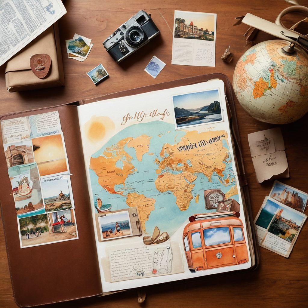 An inviting scene featuring a decorated travel scrapbook open to vibrant pages filled with photos and mementos, surrounded by travel-inspired elements like postcards, a globe, and vintage luggage. The background should have soft natural light filtering in, evoking a sense of nostalgia and adventure. The atmosphere is cozy and warm, symbolizing cherished memories. watercolor painting. soft pastels. warm tones.